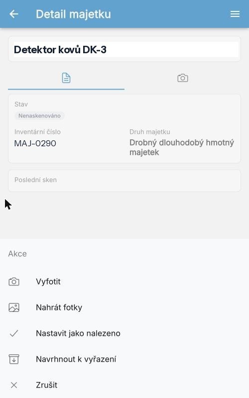 Terminál NEXT: akce nad položkou — vyfotit, nastavit jako nalezeno, navrhnout k vyřazení