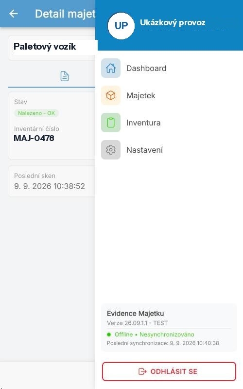 Terminál NEXT: stav Offline a nesynchronizováno, s časem poslední synchronizace