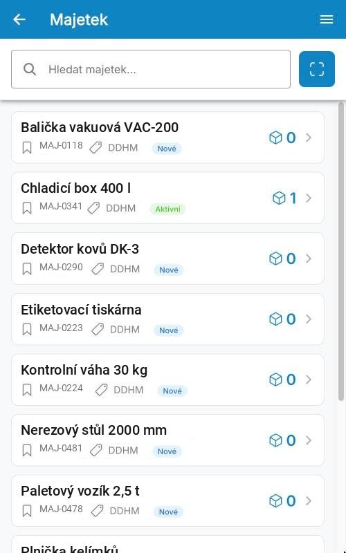 Terminál NEXT: seznam majetku s hledáním, skenem a stavy karet