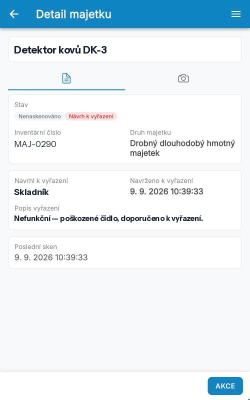 Terminál NEXT: karta s příznakem Návrh k vyřazení včetně toho, kdo jej podal, kdy a proč