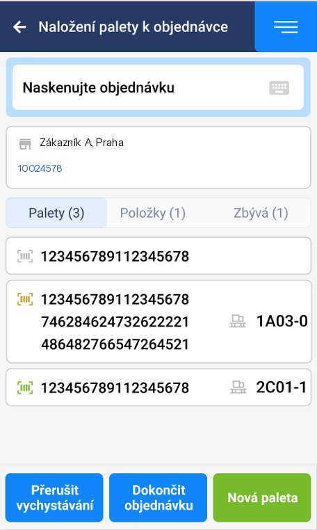 Terminál NEXT: vychystání objednávky, přehled palet se SSCC a skladovými místy
