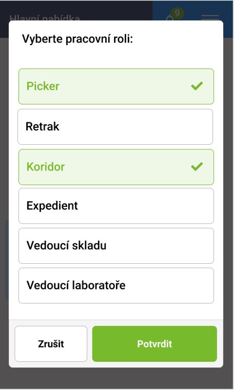 Terminál NEXT: volba pracovní role — picker, retrak, koridor, expedient, vedoucí skladu, vedoucí laboratoře